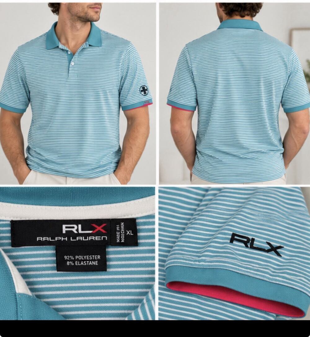 RLX Ralph Lauren Men’s XL Aqua Stripe Performance Golf Polo Shirt Stretch